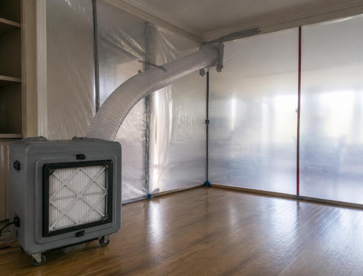 HEPA air scrubber ducted through a plastic containment barrier during remediation