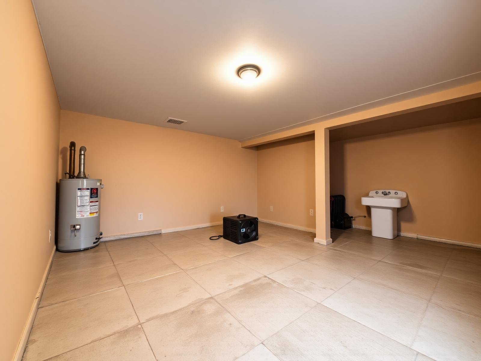 Job #BF-2408-011 after basement flood cleanup — the same utility basement from the same low corner angle, now fully dry with clean sealed concrete floor, freshly repainted beige drywall with no waterline stain, water heater and utility sink clean and intact, a commercial air mover fan finishing the dry-out in the corner.