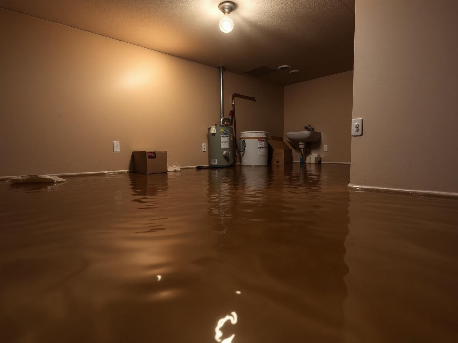 Job #BF-2408-011 before basement flood cleanup — Arizona utility basement with roughly four inches of brown-tinted standing water covering the entire concrete floor, water lapping against a beige painted drywall wall, soaked cardboard storage boxes slumping at the base, a water heater and utility sink in the background, single bare bulb ceiling light, waterline stain visible on the wall, same camera angle as the after photo.