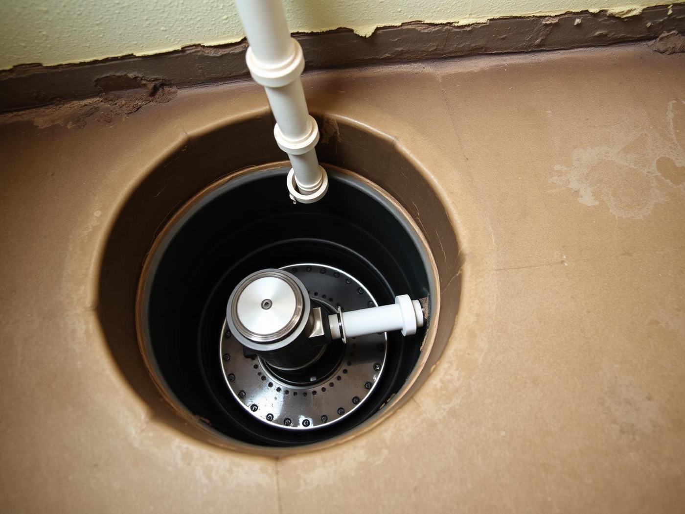 Job #BF-2410-027 after basement flood cleanup — the same sump pit from the same downward angle, basin empty and clean with a brand-new stainless-steel sump pump installed, discharge pipe replaced with new white PVC, surrounding concrete floor dry and clean with no stains, adjacent wall repainted with no rising damp discoloration.