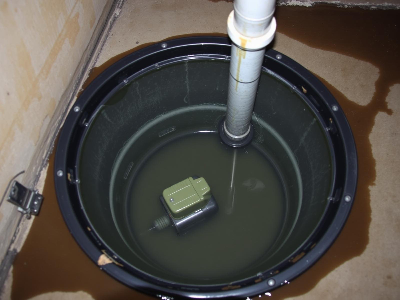 Job #BF-2410-027 before basement flood cleanup — failed sump pump pit photographed from directly above, round black plastic sump basin filled to the brim with murky groundwater, water overflowing onto surrounding wet concrete floor, an old submerged sump pump visible below the waterline with its discharge pipe, dark wet stain radiating outward across the concrete, adjacent wall showing rising damp discoloration, same camera angle as the after photo.