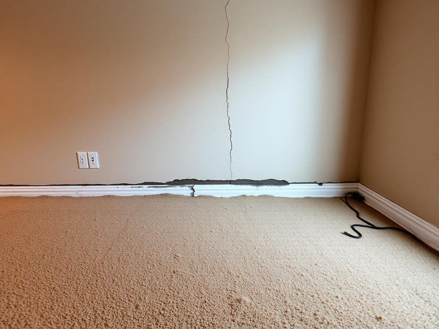 Job #BF-2503-004 before basement flood cleanup — finished basement wall and low-pile beige carpet showing groundwater seepage damage from a standing eye-level angle, carpet dark and saturated along the base of a painted drywall wall, visible waterline stain rising about twelve inches, paint bubbling and peeling in patches, a small foundation crack near the floor with efflorescence, warped baseboard pulling away, same camera angle as the after photo.