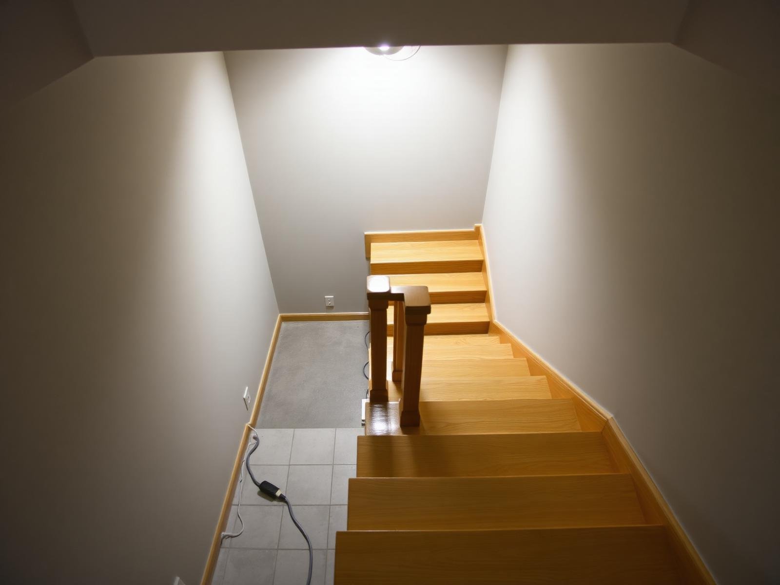 Job #BF-2504-009 after basement flood cleanup — same stairwell from the identical top-of-stairs angle, concrete stairs and landing completely dry and clean, drain visible and clear, exterior basement door repainted with no waterline stain, block wall clean and sealed.