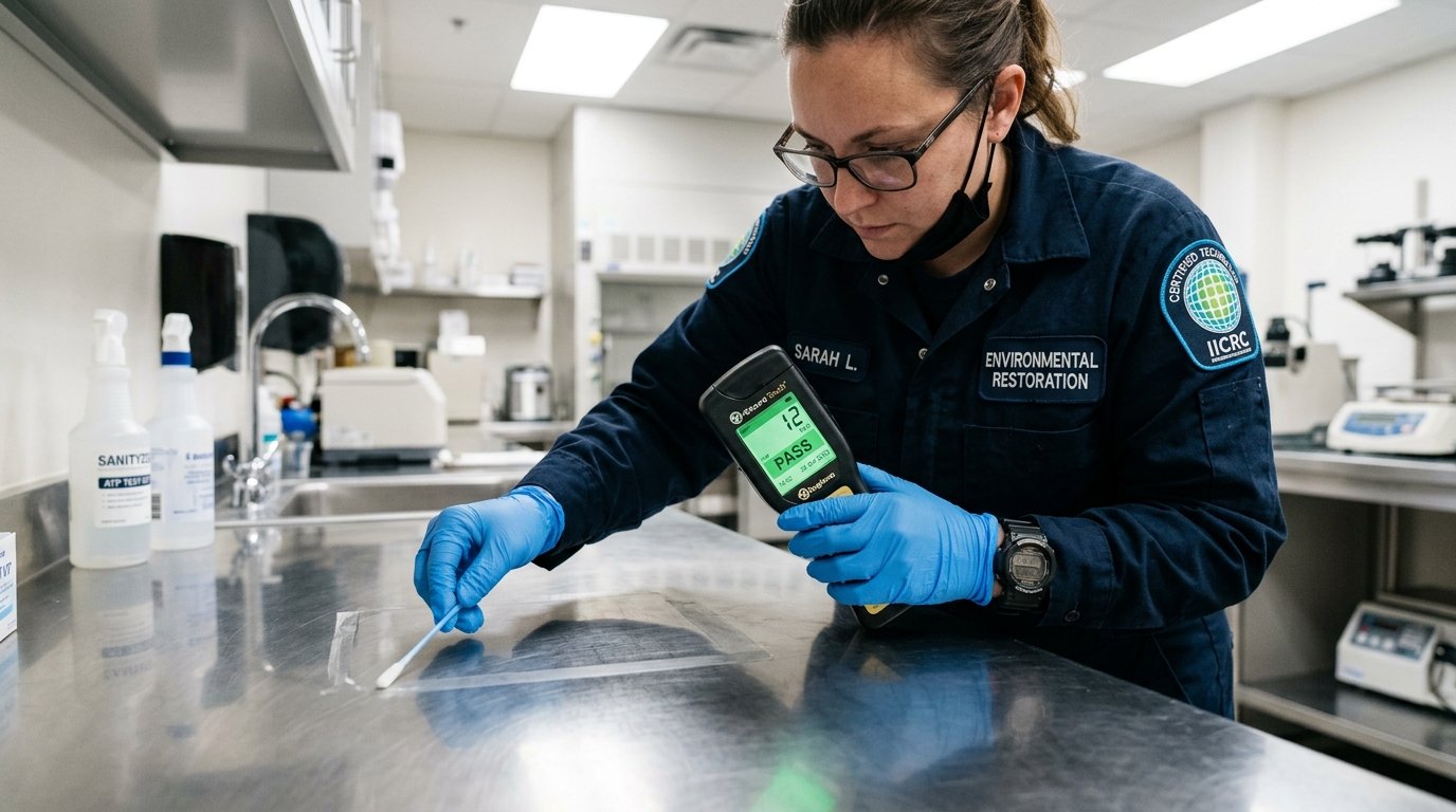 Environmental remediation specialist performing digital ATP bioluminescence surface swab testing to verify zero biological contamination