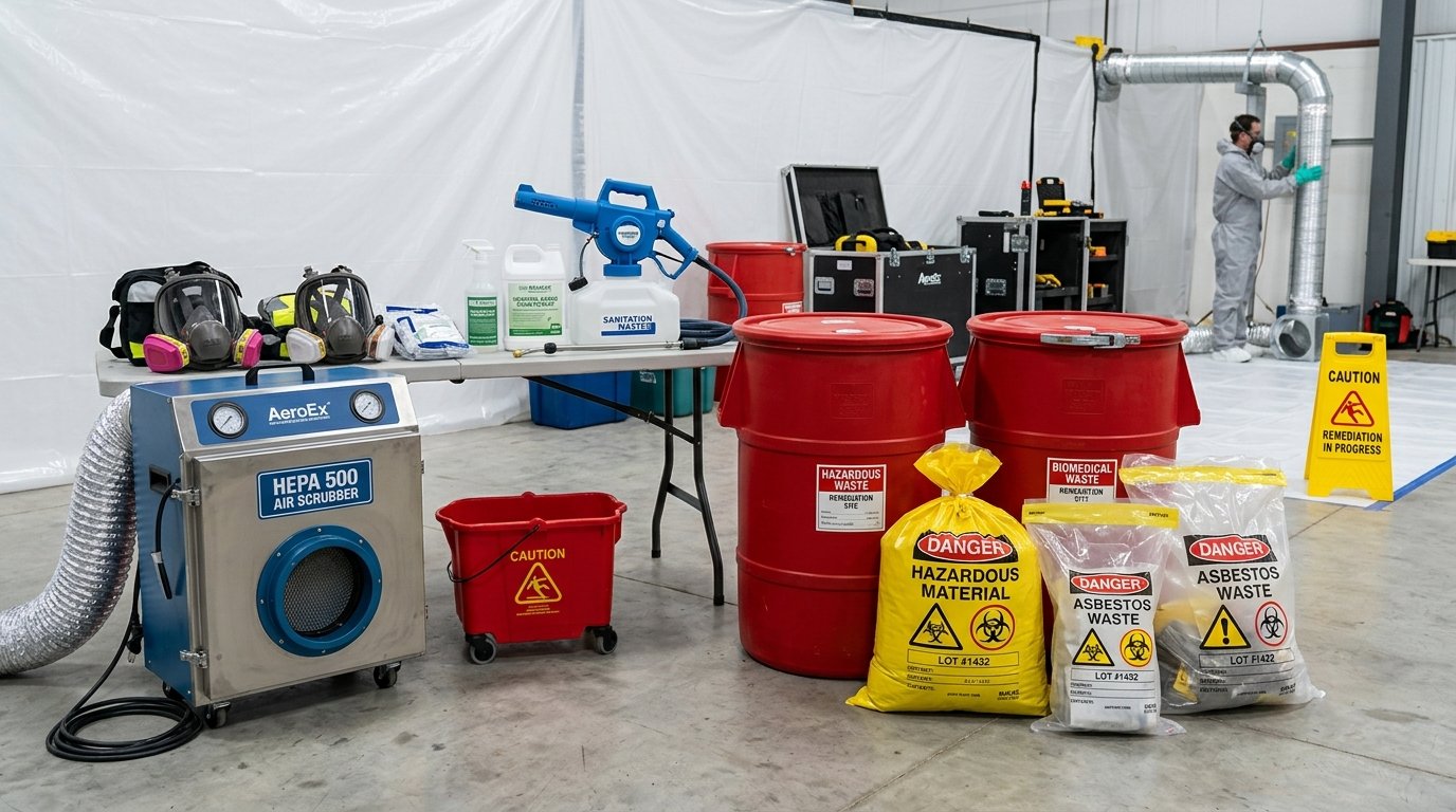 AZ Water Damage Restoration biohazard containment setup showing certified red biohazard containers, HEPA 500 air scrubbers, and personal protective gear