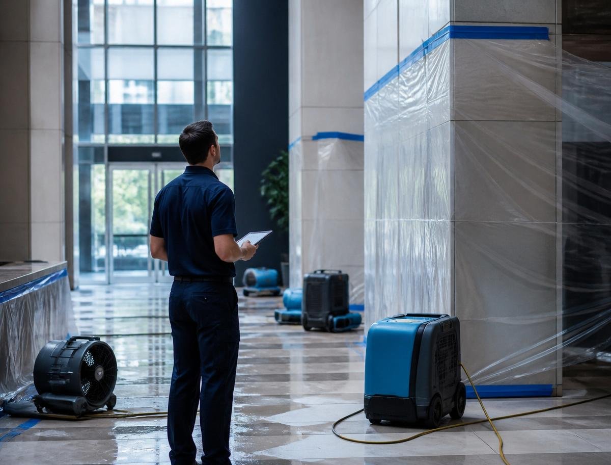 Restoration crew extracting standing water from a commercial building lobby with wet-vac units and air movers staged nearby