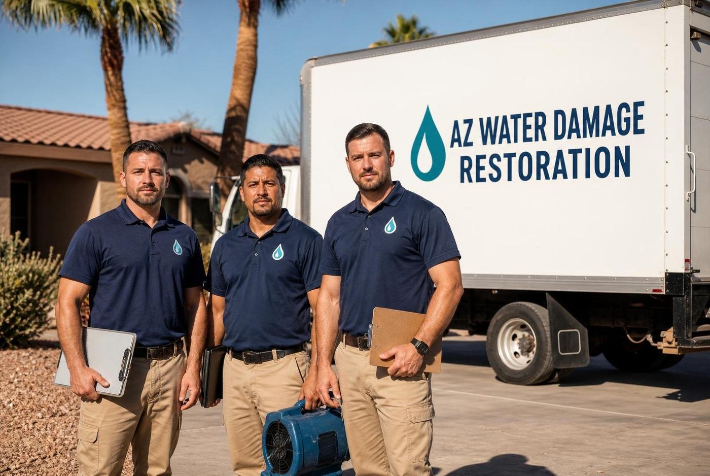 Two-person AZ Water Damage Restoration crew unloading drying equipment from a service van at a suburban Arizona home