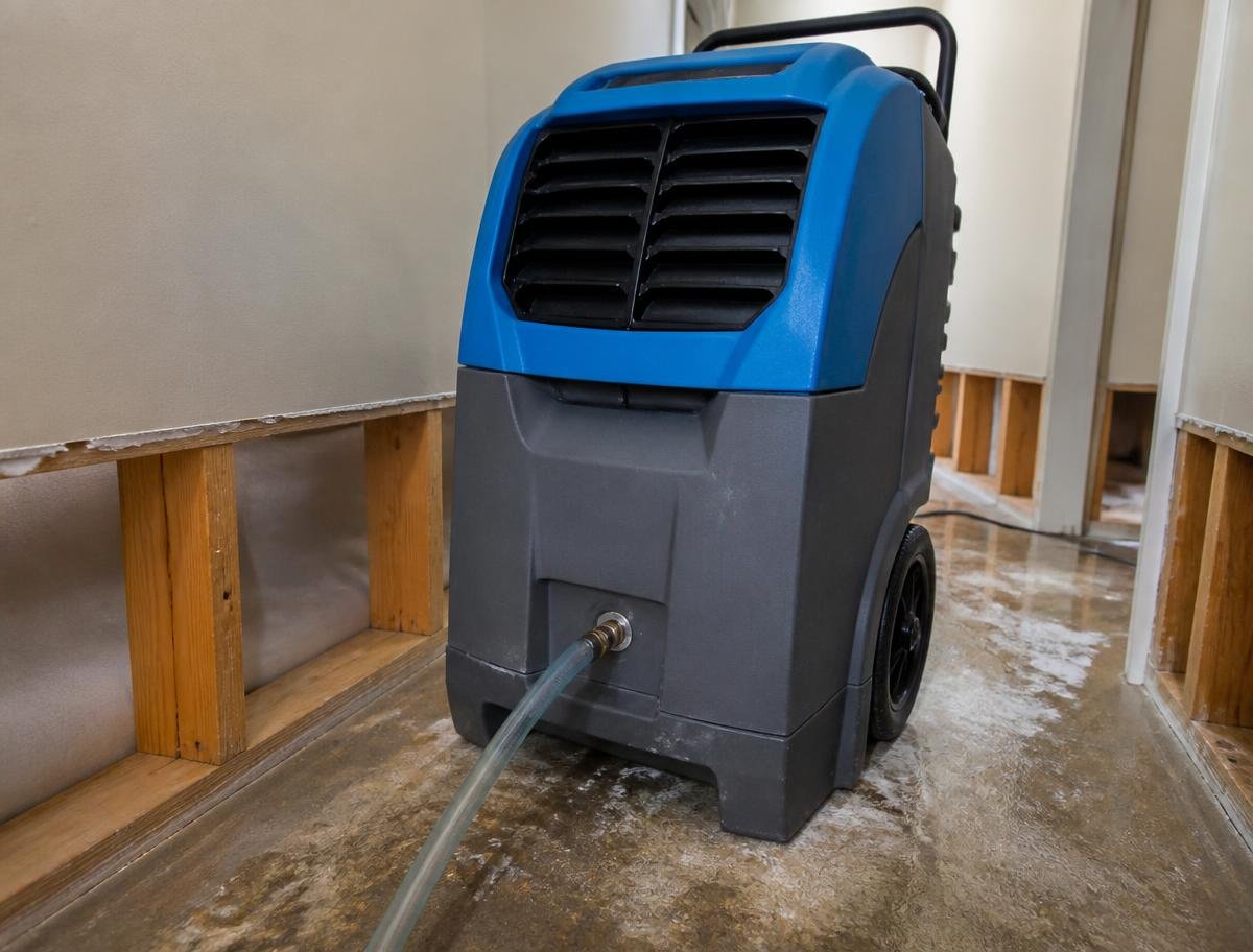 Commercial LGR dehumidifier draining condensate in a hallway with baseboard drywall removed