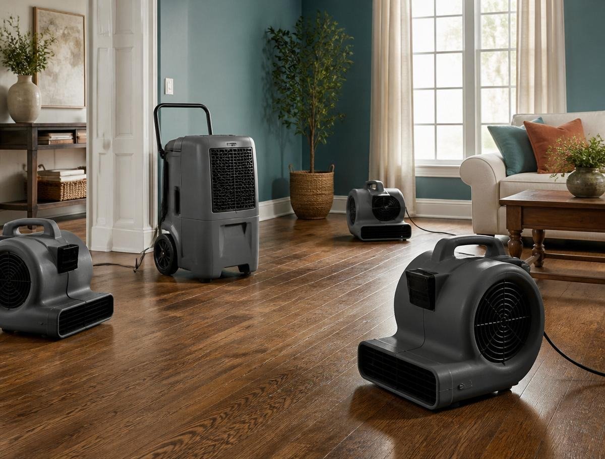 Industrial air movers positioned along a wall to dry structural materials after water damage