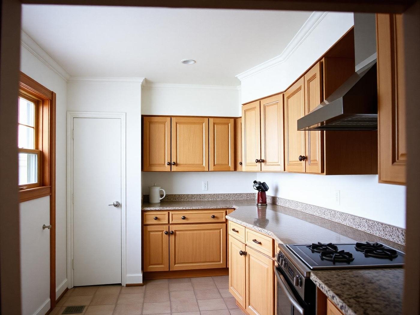 Job #FS-2407-019 after fire and smoke restoration — same kitchen from the identical doorway angle, walls repainted clean white with no soot, cabinets refinished light oak, new range hood, granite counters and stovetop spotless.
