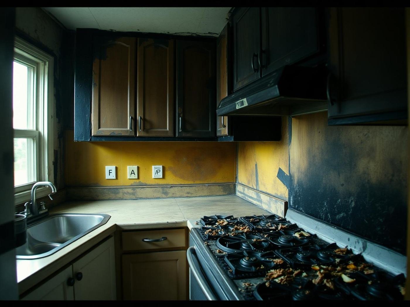 Job #FS-2407-019 before fire and smoke restoration — kitchen after a stovetop grease fire, wall cabinets and range hood coated in thick black soot, yellow-brown smoke stains fanning up the walls to the ceiling, greasy soot film on countertops and charred food debris on the stovetop, same doorway camera angle as the after photo.