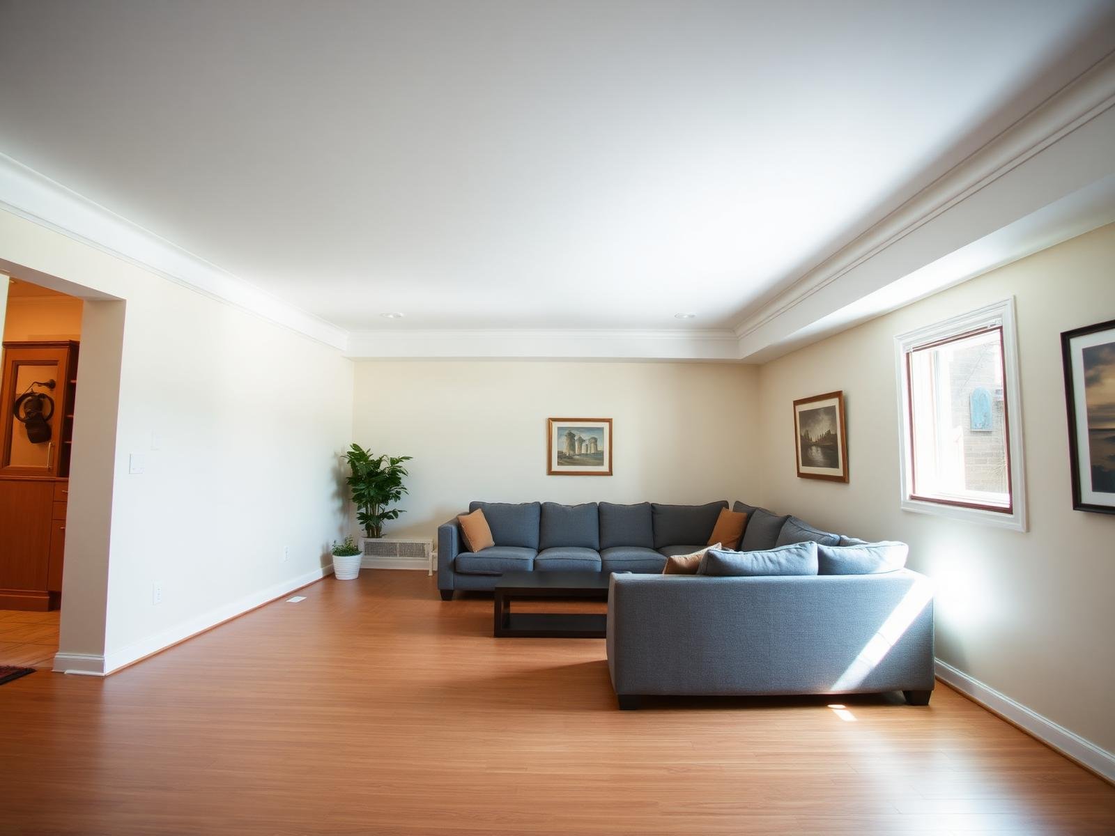 Job #FS-2411-052 after fire and smoke restoration — same living room from the identical entryway angle, walls repainted clean warm off-white with no yellow staining, ceiling clean, sectional cleaned, rug replaced, framed art rehung with no shadow outlines, air clear.