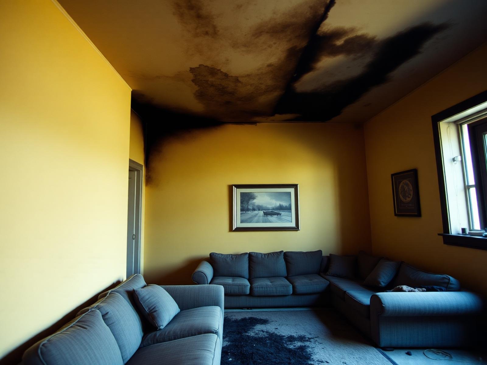 Job #FS-2411-052 before fire and smoke restoration — living room with beige walls stained yellow-brown from smoke residue, dark soot line across the ceiling, gray fabric sectional and rug visibly darkened with soot film, hazy air, same entryway camera angle as the after photo.
