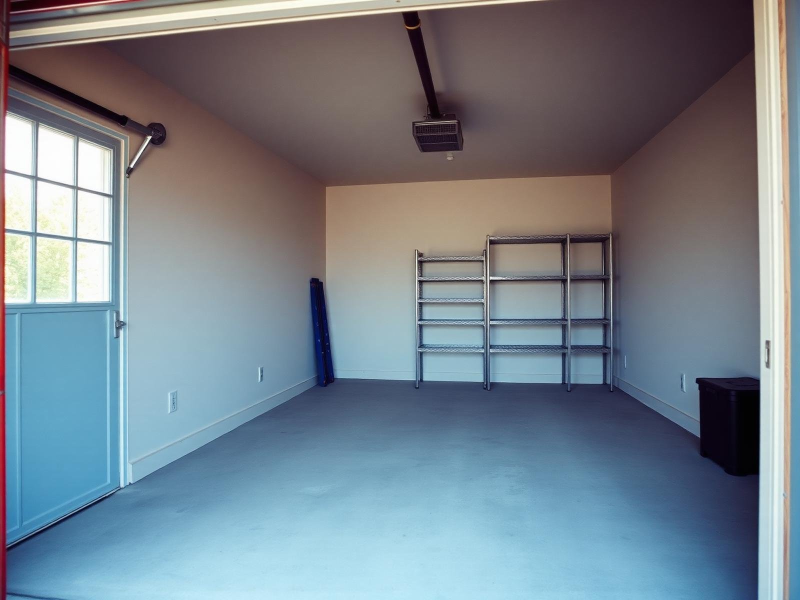 Job #FS-2502-008 after fire and smoke restoration — same garage from the identical open-door angle, new drywall painted light gray, concrete floor sealed clean, new metal storage shelving neatly arranged, clear air.