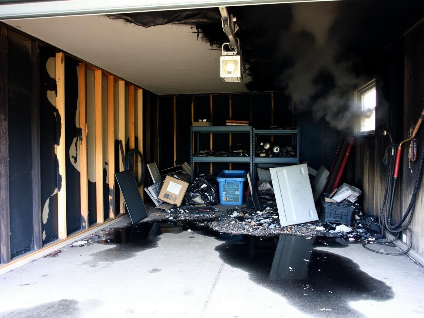Job #FS-2502-008 before fire and smoke restoration — attached residential garage after an electrical fire, one wall of charred black drywall and exposed burned wood studs, melted plastic storage shelving warped in a heap, blackened concrete floor with debris and sooty water pooled from suppression, hazy smoke, same open-door camera angle as the after photo.