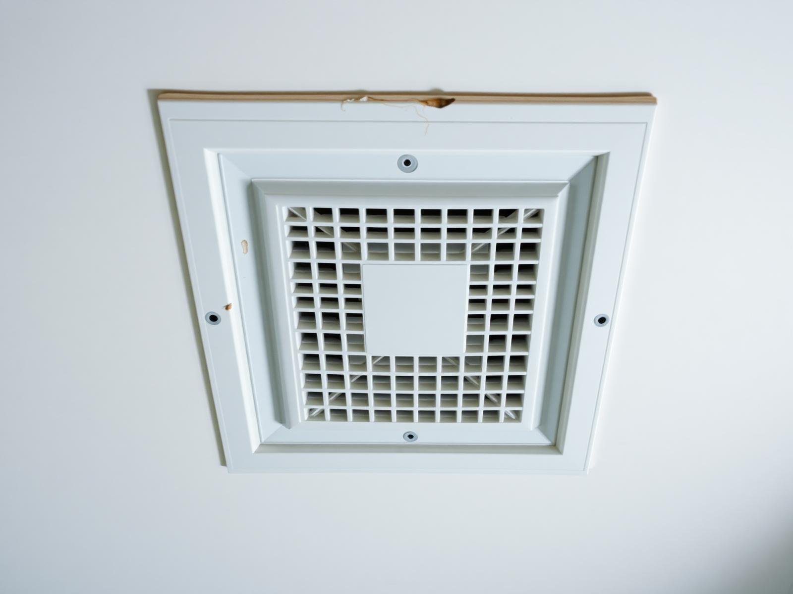 Job #FS-2503-021 after fire and smoke restoration — same square ceiling vent from the identical upward angle, grille cleaned bright white with no soot, surrounding ceiling freshly repainted clean white with no radial ghosting.