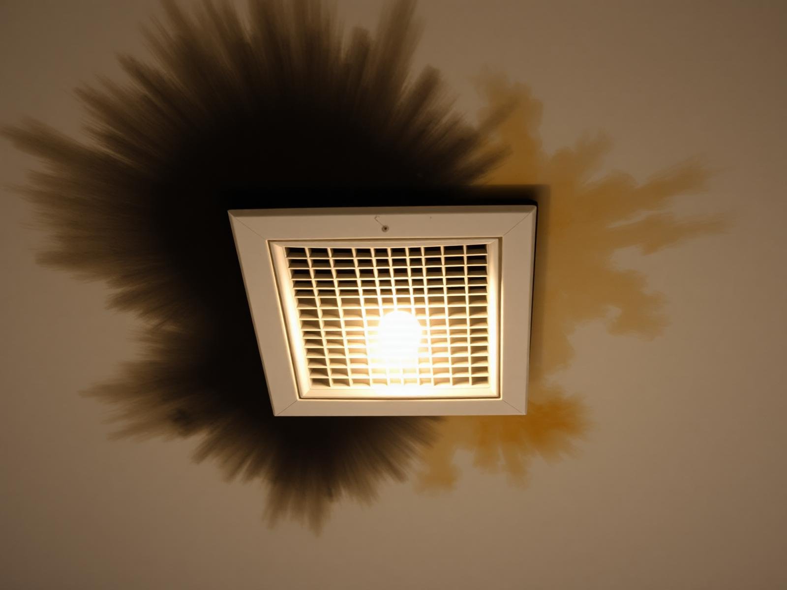 Job #FS-2503-021 before fire and smoke restoration — square white ceiling return-air vent completely blackened with soot, dark radial soot pattern spreading across the ceiling around it and yellow-brown smoke residue staining the paint, same upward camera angle as the after photo.