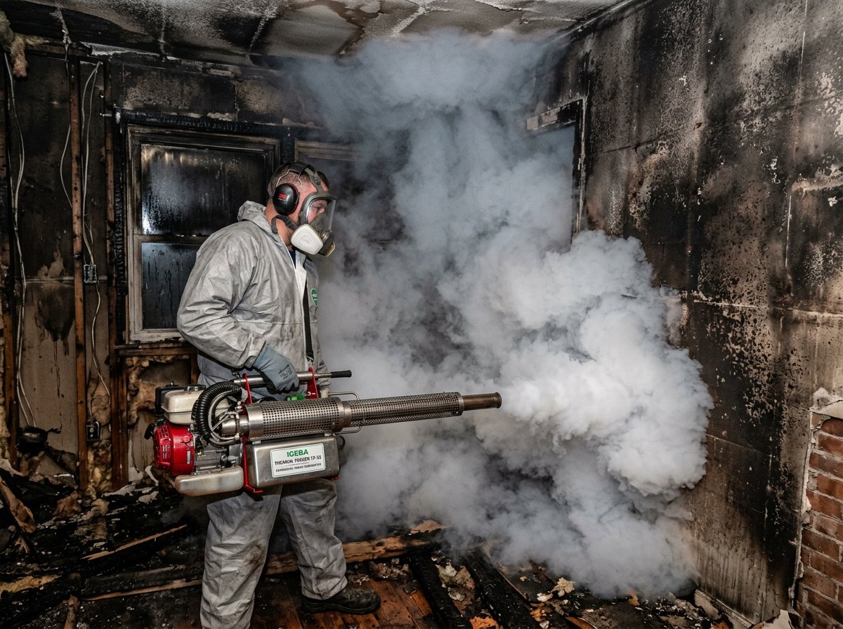 Industrial thermal fogging deodorization neutralizing toxic smoke odor molecules in a fire-damaged building