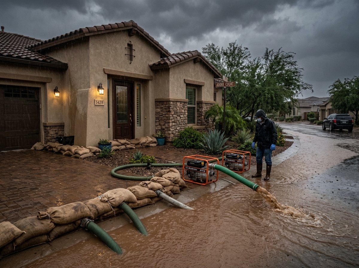Arizona residential home perimeter sandbagged with high-volume storm runoff pumping deployed
