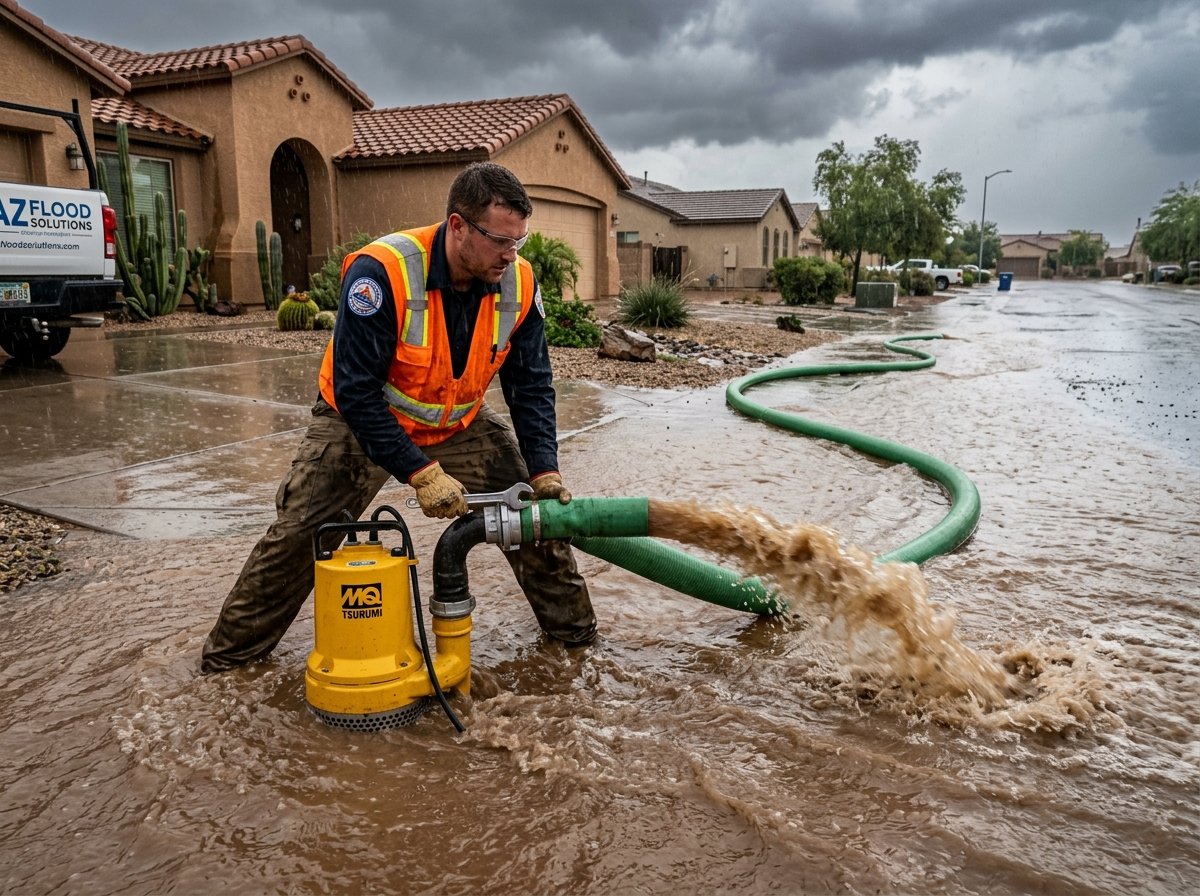 High-volume industrial submersible pump extracting deep standing water from residential structure
