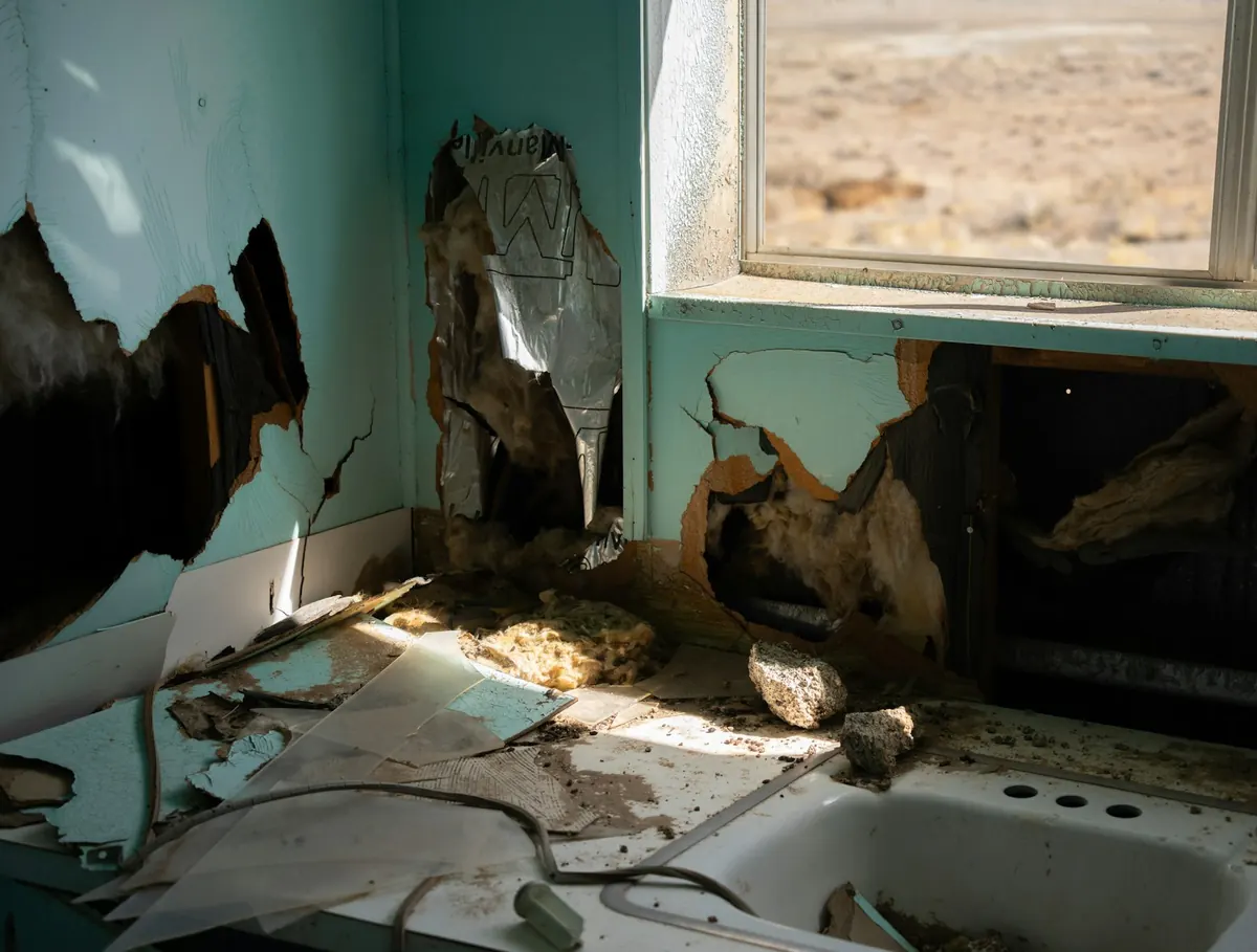 Water-damaged interior wall with peeling paint and exposed drywall insulation in a Phoenix residence