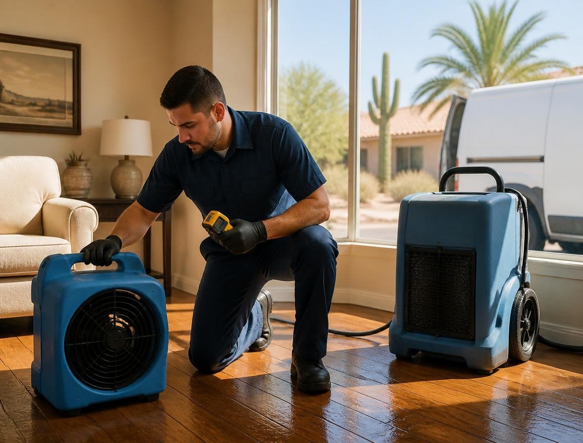 IICRC-certified technician setting up a commercial dehumidifier and air mover on a dry hardwood floor