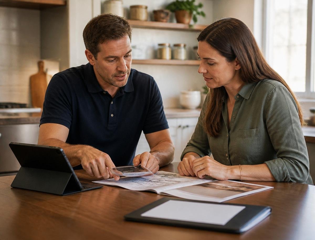 Project manager reviewing an insurance claim clipboard and moisture-reading tablet with a homeowner at a kitchen table