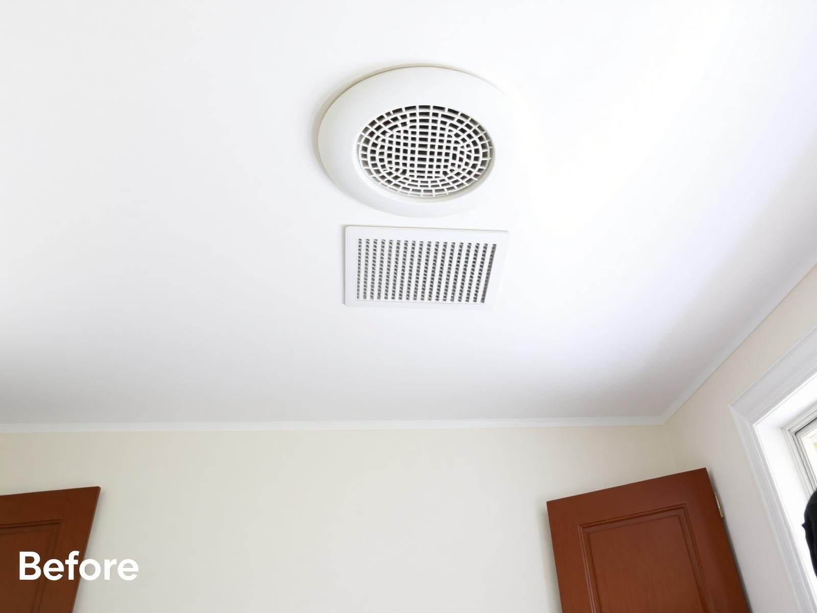 Job #MR-2410-011 after mold remediation — same bathroom ceiling, same camera angle as the before photo. Clean new drywall ceiling, freshly repainted white, new exhaust vent cover, no stains and no visible mold.