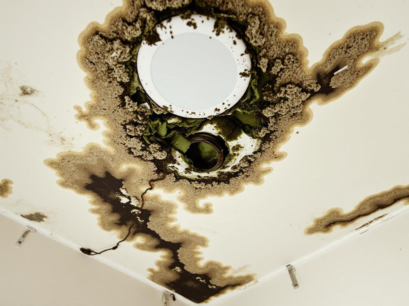 Job #MR-2410-011 before mold remediation — bathroom ceiling around the exhaust vent covered in black and greenish mold blooms, brown water stains fanning across the drywall, same camera angle as the after photo.