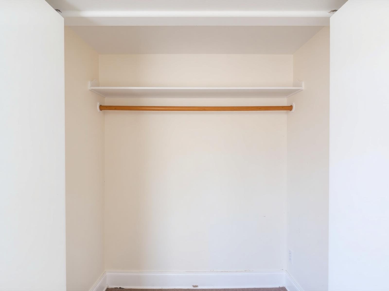 Job #MR-2502-034 after mold remediation — same bedroom closet, same camera angle as the before photo. New drywall, freshly painted off-white walls, clean new baseboard, empty closet with rod, no mold and no stains.