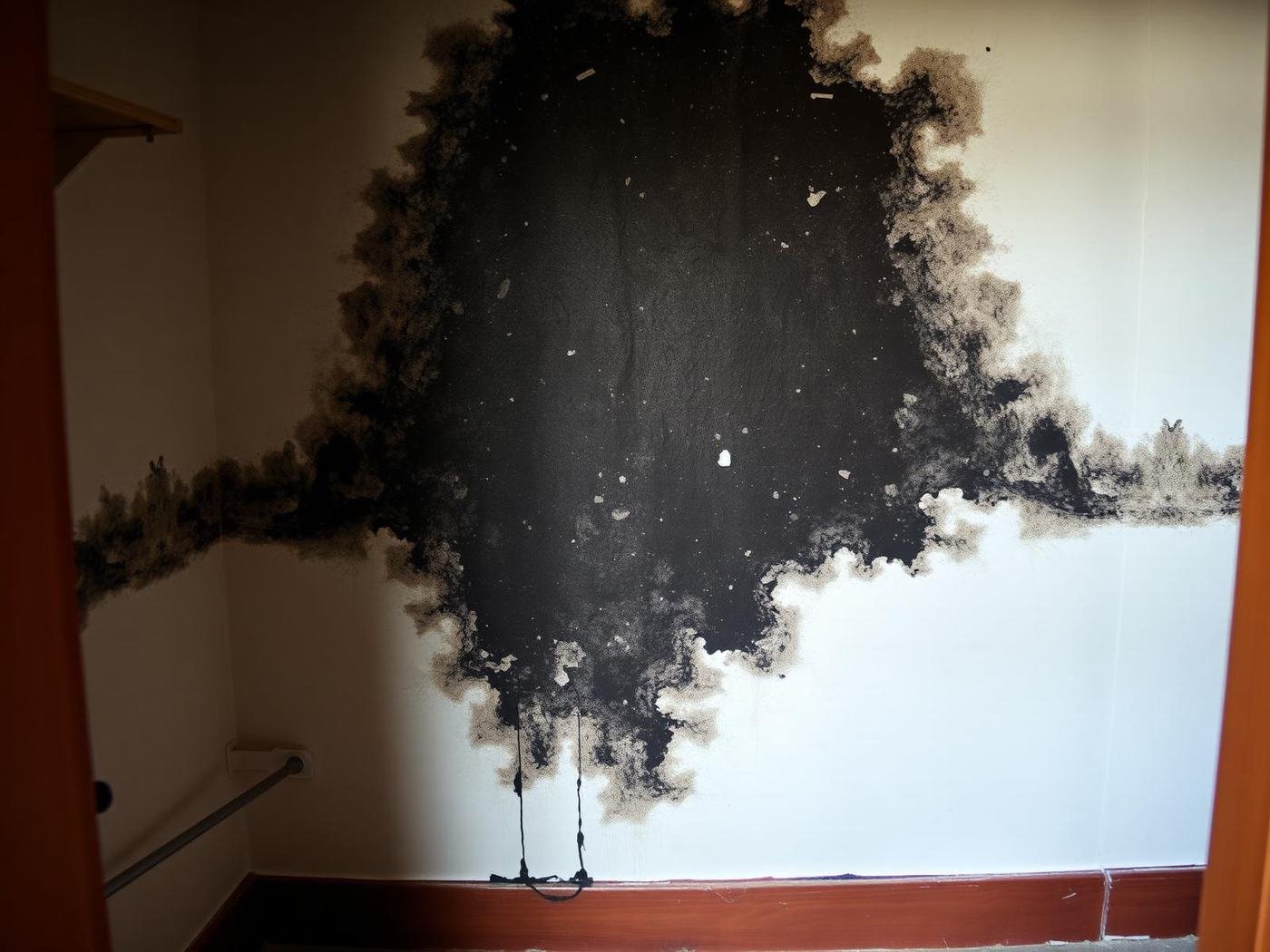 Job #MR-2502-034 before mold remediation — bedroom closet interior with a large black mold bloom spreading up the drywall from the baseboard, warped paint, dark staining, empty closet with rod visible, same camera angle as the after photo.