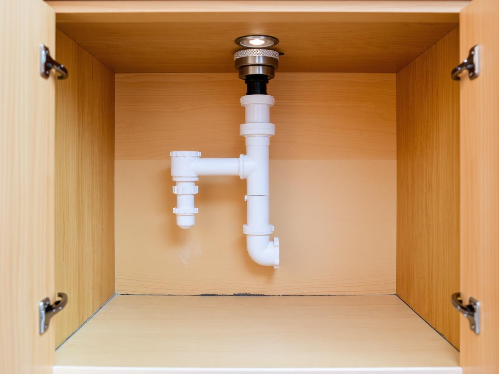Job #MR-2412-021 after mold remediation — same kitchen under-sink cabinet, same camera angle as the before photo. New clean cabinet interior with fresh wood veneer, clean white P-trap plumbing, new drywall behind the pipes, no mold and no stains.