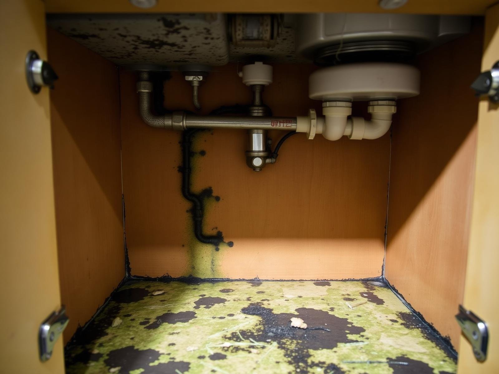 Job #MR-2412-021 before mold remediation — interior of a kitchen under-sink cabinet with black and green mold coating the cabinet floor and back panel, warped particleboard, damaged drywall behind the plumbing, same camera angle as the after photo.