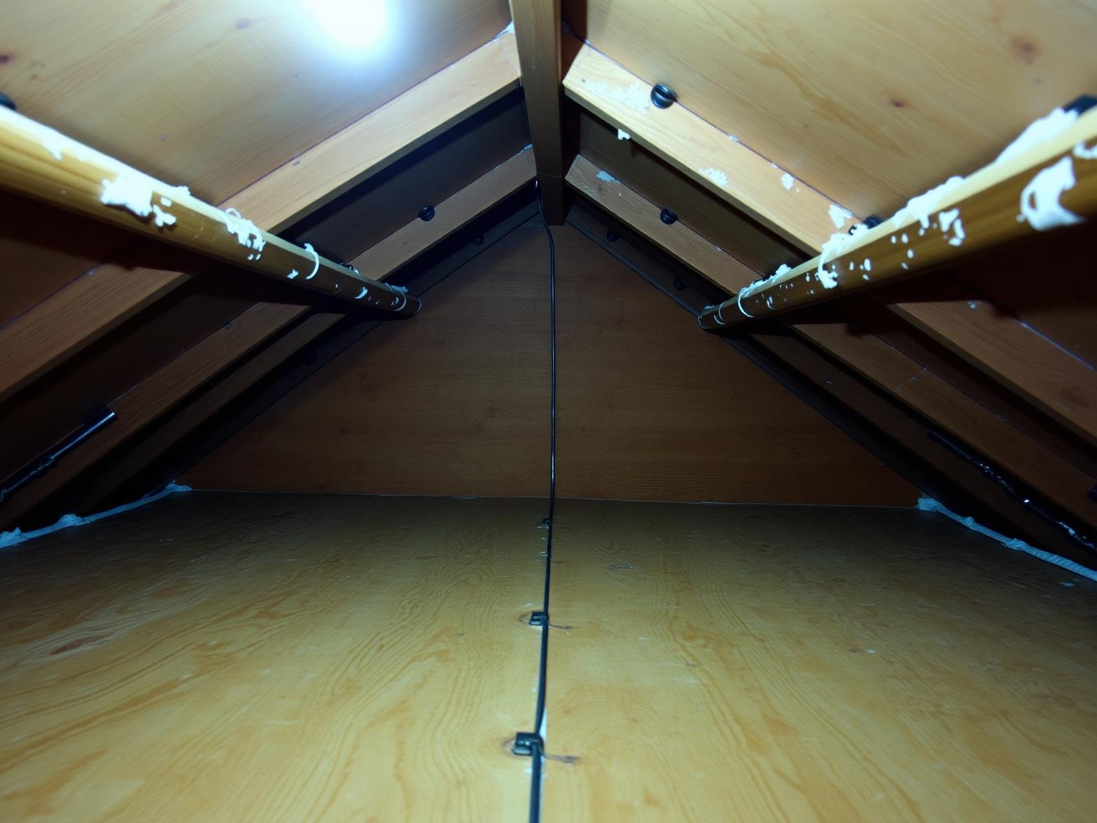 Job #MR-2504-011 after mold remediation — same attic from the identical crouched hatch angle, sheathing and rafters HEPA-cleaned and encapsulated with a clean white coating, new fluffy fiberglass insulation batts uniformly placed between joists, no mold staining.