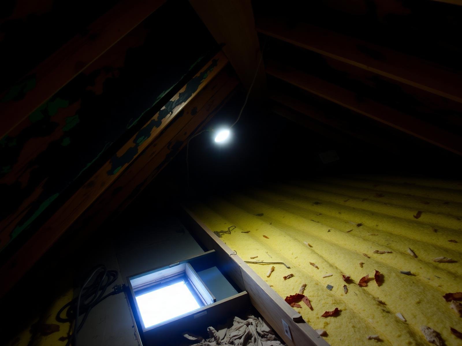 Job #MR-2504-011 before mold remediation — dark residential attic space with black mold staining spread across the underside of plywood roof sheathing and along the roof rafters, patches of matted-down fiberglass insulation between joists visibly darkened where roof moisture soaked through, same crouched angle from the attic hatch as the after photo.