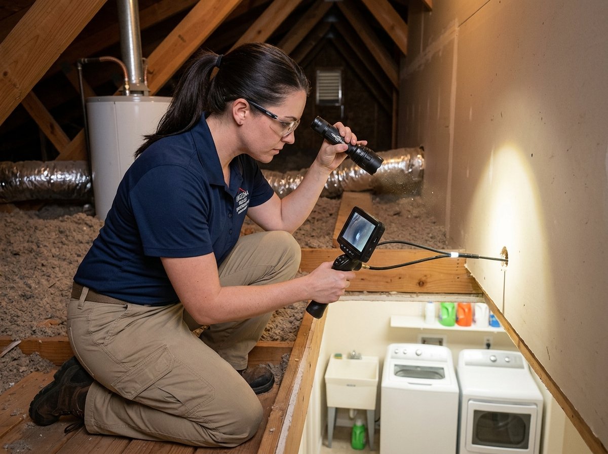 Certified mold inspector conducting cavity inspection with optical borescope and moisture analysis
