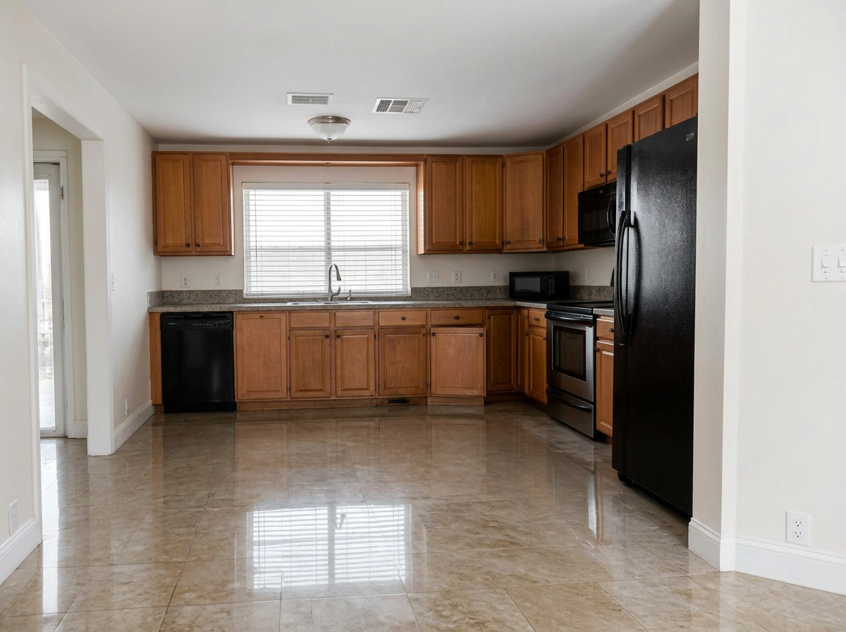 Job #WD-2411-018 after restoration — same kitchen, same camera angle as the before photo. Tile floor dry and clean, ceiling repainted flat and stain-free, walls returned to a clean off-white, cabinets and appliances intact.