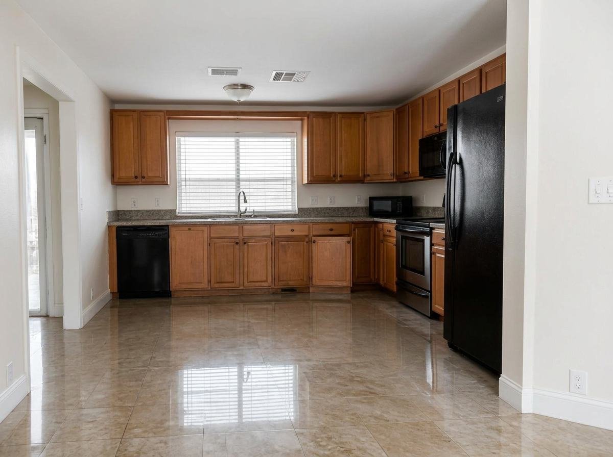Job #WD-2411-018 after restoration — same kitchen, same camera angle as the before photo. Tile floor dry and clean, ceiling repainted flat and stain-free, walls returned to a clean off-white, cabinets and appliances intact.