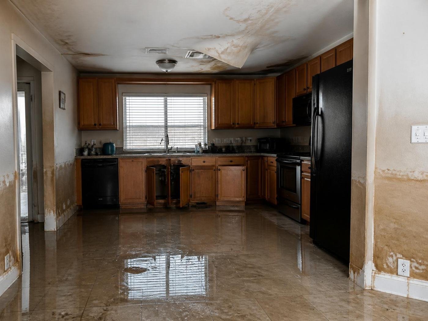 Job #WD-2411-018 before restoration — kitchen, same camera angle as the after photo. Standing water pooled on the tile floor, sagging water-stained ceiling near the light fixture, and tide-line stains climbing the walls beside the window and refrigerator.