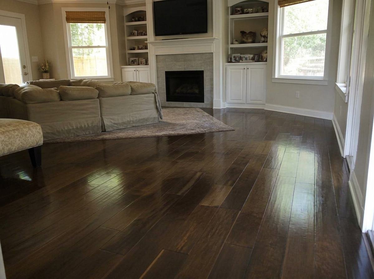 Job #WD-2501-007 after restoration — same living room, same camera angle as the before photo. Hardwood dry, flat, and refinished, sofa clean and dry, baseboards restored, fireplace and built-ins intact.