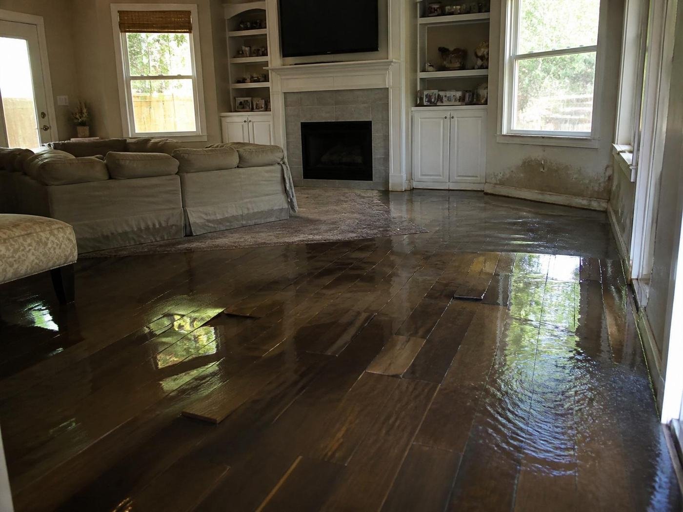 Job #WD-2501-007 before restoration — living room, same camera angle as the after photo. Hardwood floors submerged under standing water reflecting the fireplace and windows, sectional sofa skirt wet, water stains climbing the wall beside the built-in shelving.