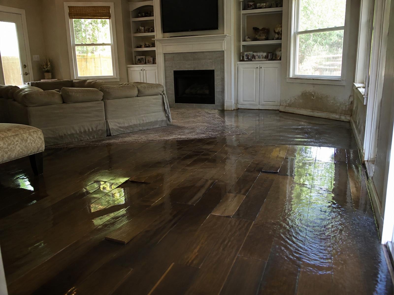 Job #WD-2501-007 before restoration — living room, same camera angle as the after photo. Hardwood floors submerged under standing water reflecting the fireplace and windows, sectional sofa skirt wet, water stains climbing the wall beside the built-in shelving.
