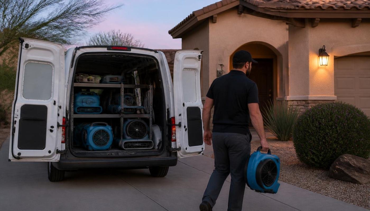Fully stocked restoration service van parked in a Phoenix driveway with equipment being unloaded