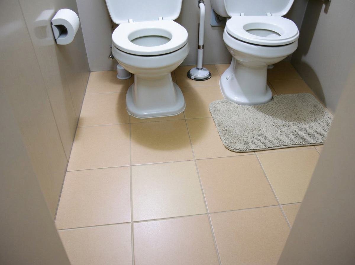 Job #SC-2408-014 after professional Category 3 sewage cleanup and sanitization — same beige tile bathroom from the identical doorway angle, floor completely clean and dry, new toilet, vanity kickplate cleaned with no waterline stain, new bathmat.
