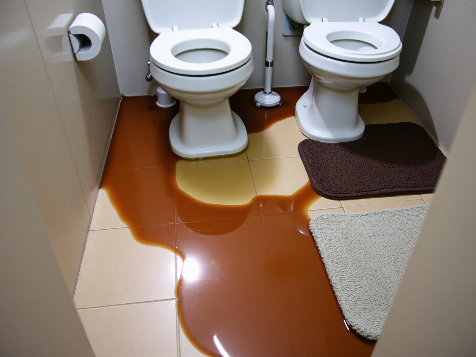 Job #SC-2408-014 before sewage cleanup — beige tile bathroom floor with brown-tinted contaminated water pooled around the base of the toilet, dark waterline stain on the vanity kickplate, soaked bathmat pushed against the wall, same doorway camera angle as the after photo.