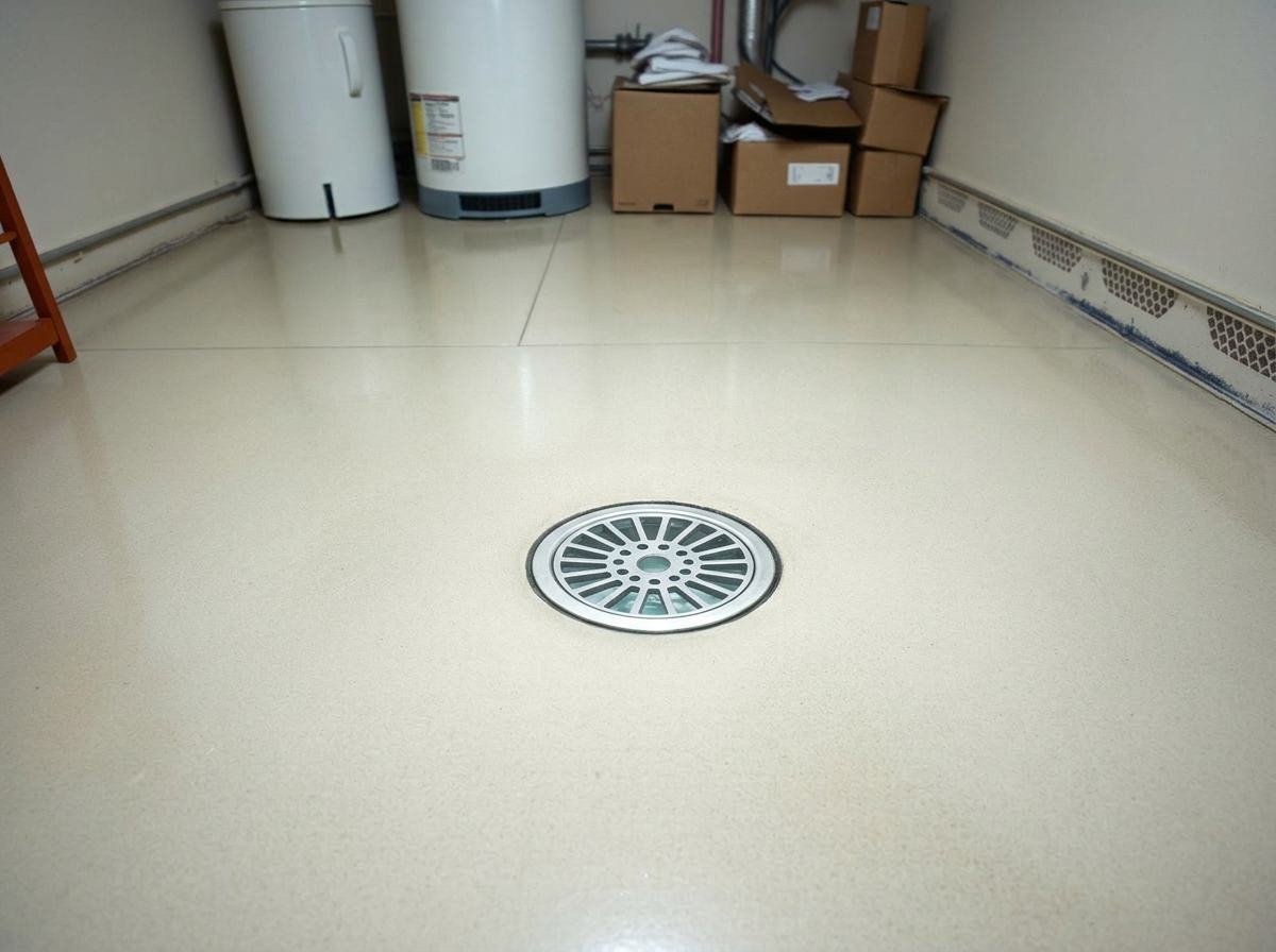 Job #SC-2410-031 after professional sewage cleanup — same floor drain from the identical downward angle, surrounding concrete floor clean, dry, and sealed with a clear coat, no staining, utility appliances clean and intact in background.
