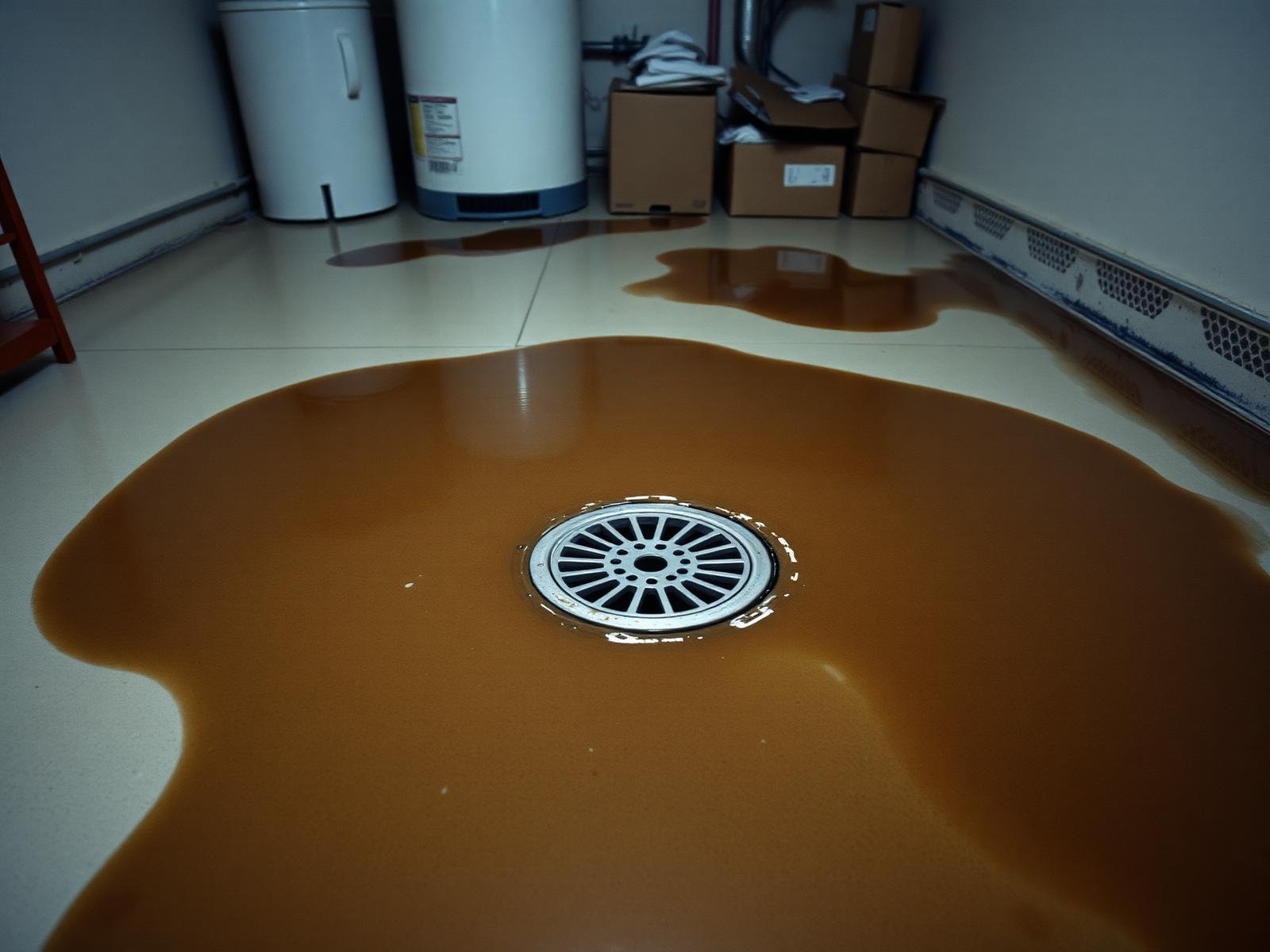 Job #SC-2410-031 before sewage cleanup — utility room floor drain overflowing with brown-tinted contaminated water spreading across the concrete, dark stain radiating outward, wet cardboard boxes and utility appliances in background, same downward standing camera angle as the after photo.