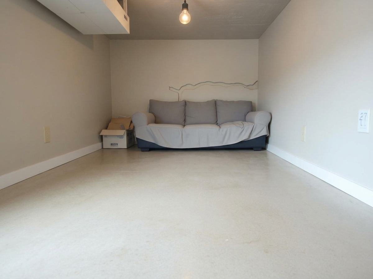 Job #SC-2501-006 after professional Category 3 sewer backup cleanup and rebuild — same basement from the identical stairs-base angle, sealed clean concrete floor with no stains, lower drywall replaced and freshly painted, clean new baseboard, the couch and remaining contents dry and undamaged.