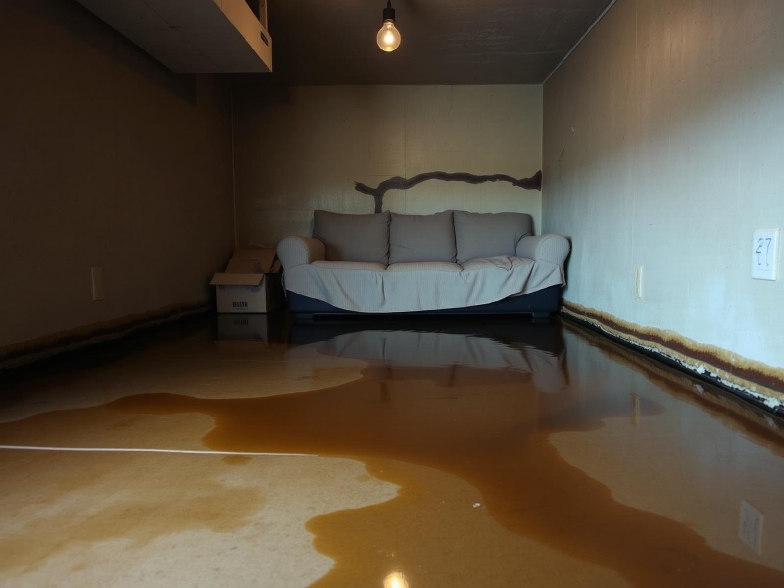 Job #SC-2501-006 before sewage cleanup — concrete basement floor covered in shallow brown-tinted contaminated water, dark waterline stain on the base of drywall, soaked cardboard boxes and a fabric couch pushed against a wall, same stairs-base camera angle as the after photo.
