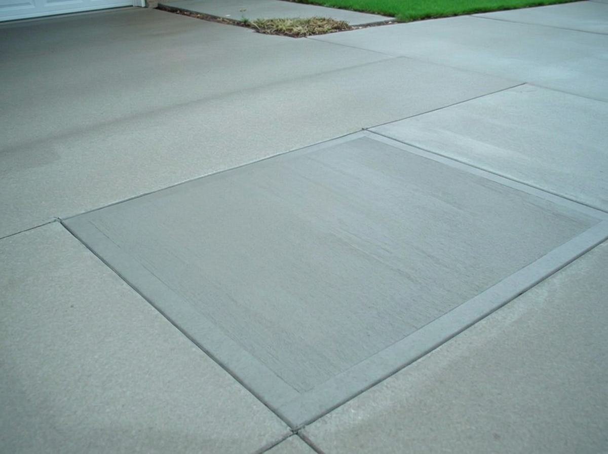 Job #SC-2503-018 after sewer-lateral repair and concrete restoration — same driveway from the identical standing angle, excavation filled and a clean new concrete slab section poured flush with the surrounding driveway, cones removed, no seepage or staining.